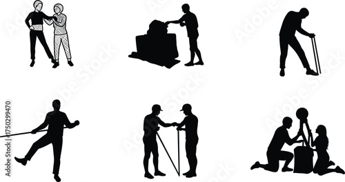Silhouette people working, laboratory experiment, sculpting, teamwork activity, science demonstration, construction tool, research concept, collaboration, education, workshop illustration vector