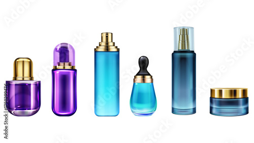 A collection of elegant purple and blue cosmetic bottles and jars with gold accents, isolated on a white background.
