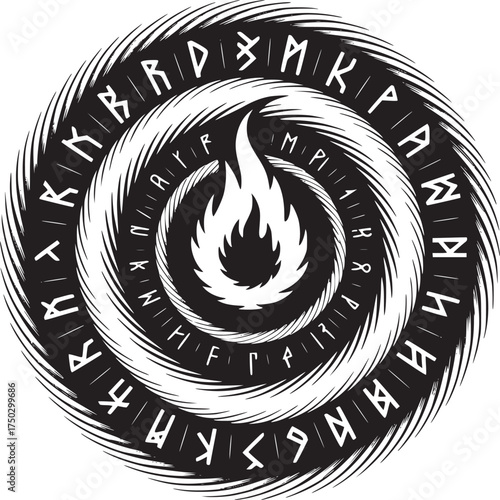 A black and white illustration of a spiral with runes surrounding a flame in the center design art