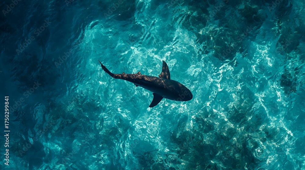 Obraz premium Striking aerial photograph of a powerful shark swimming through clear blue ocean water, its dark silhouette visible from above, conveying the mystery and raw beauty of marine life