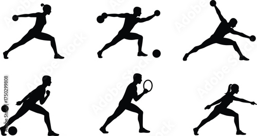Sports silhouette icons, athletes in action, ball games, racket sport, martial arts pose, fitness training, dynamic movement, physical activity illustration
