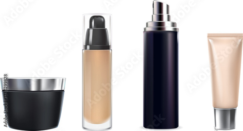 A realistic set of various cosmetic containers, including a jar, pump bottles, and a tube for beauty products.