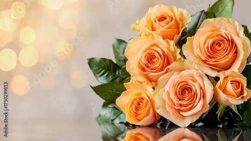 Beautiful bouquet of peach roses with vibrant leaves and blurred background for elegant and romantic decoration