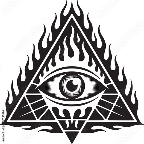 A black and white illustration of an eye inside a triangle with flames around the edges of it