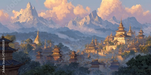 Panoramic view of temple complex with mountains in background, glowing golden chedis and tiled roofs, cinematic landscape.