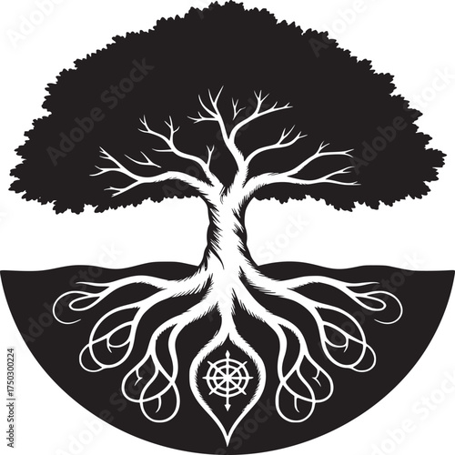 A black and white tree of life illustration with roots and a wheel in the center of the roots