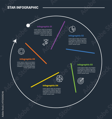 Star Base shape infographic process diagram with big outline circle with tilt line separator create star structure with dark background bright outline style 5 points