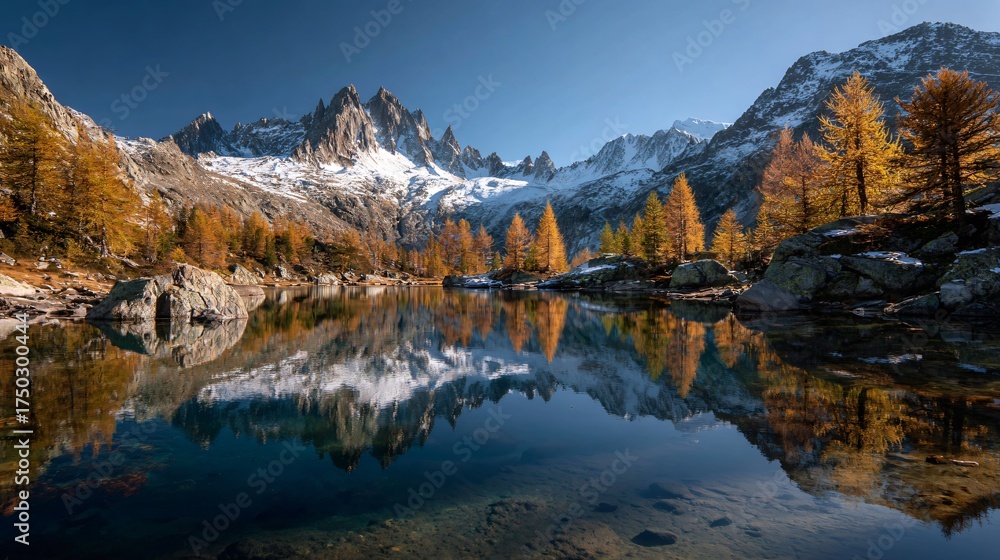 Obraz premium Mountain range reflected in a calm lake surrounded by autumn trees under blue sky.