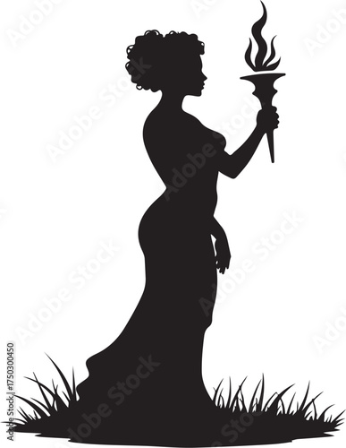 Silhouette of woman holding flaming torch in grass