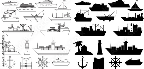 A collection of nautical icons featuring ships, boats, and maritime symbols in both outline and silhouette styles.