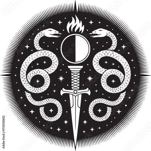 A stylized black and white illustration of snakes sword and moon with flame in a circular design