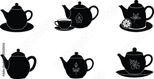 Teapot silhouettes, tea cup icon, herbal drink design, citrus slice vector, leaf decoration, hot beverage, kitchenware set, tea ceremony illustration