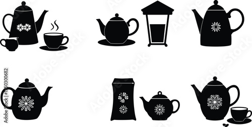 Teapot silhouettes, tea cup icons, French press vector, floral design teapot, citrus slice tea, hot beverage, herbal drink, kitchenware illustration