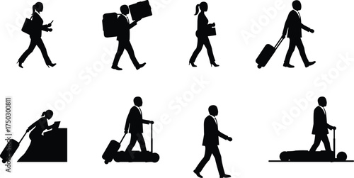 Travel silhouettes, people with luggage, suitcase pulling, airport journey, hoverboard traveler, business trip, tourism, mobility, vacation travel, transportation illustration vector