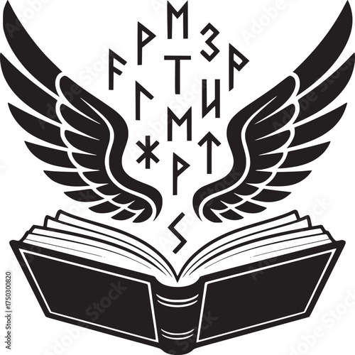 Open book with wings and runes floating above it in a black and white illustration style design