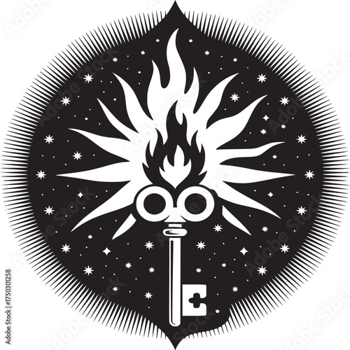 A black and white illustration of a key with flames and stars inside of a decorative border