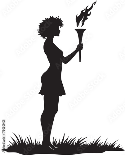 Silhouette of woman with curly hair holding flaming torch in grass