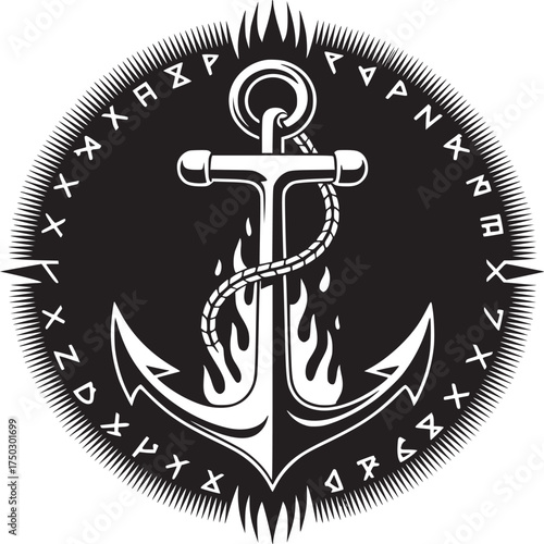 Black and white anchor burning with flames surrounded by runes in a circular design graphic art