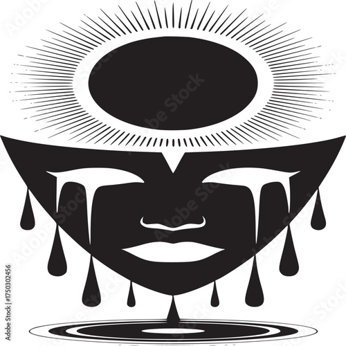 Black and white graphic of a mask with tears flowing beneath a sunburst design on a white background