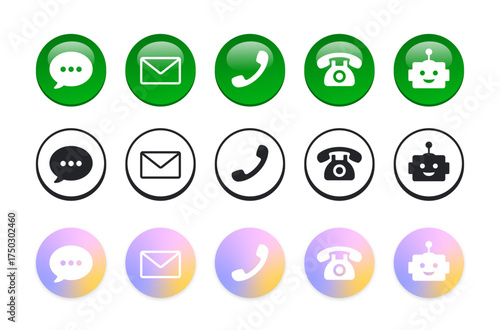 Flat & Gradient Contact Icon Set｜フラットとグラデーションの両スタイルを組み合わせた、正円のお問い合わせアイコンセット（チャット・メール・電話・チャットボットの立体感とフラット感を両立したデザイン）
