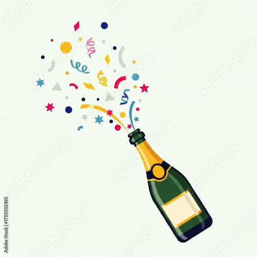 Festive Champagne Bottle Exploding with Confetti and Streamers.