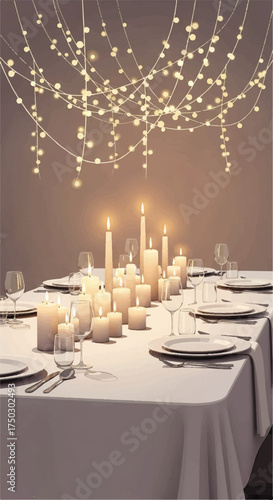 Elegant Candlelit Dinner Table Setting with Twinkling Lights.