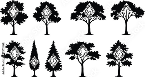 Tree silhouette with circuit design, nature and technology artwork, black vector illustration, eco-tech concept, futuristic graphic, organic plant integration