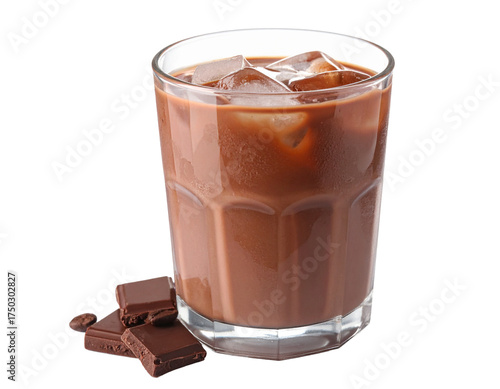 Isolated iced chocolate drink or cold cocoa beverage in a glass on a white background