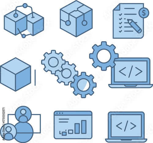 Business and Technology Icons Vector Set, Blue Line Art, Modern Design