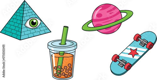 Cartoon Elements Eye of Providence, Planet, Boba Tea, Skateboard, Vector Illustration