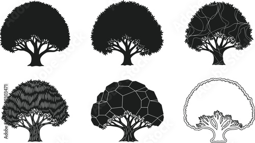 Tree silhouettes collection, artistic tree designs, abstract canopy patterns, black vector illustration, natural landscape elements, geometric foliage art, creative botanical icons