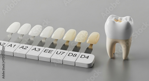 Dental tooth color chart with shades and yellow next to single tooth, representing dental restoration and cosmetic dentistry options