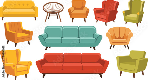 Mid-century modern furniture set with colorful sofas and armchairs, interior design illustration featuring retro chairs and stylish living room decor
