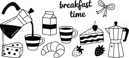 Breakfast time illustration with coffee pot, croissant, cake, strawberries, milk, and cheese — black and white morning food art