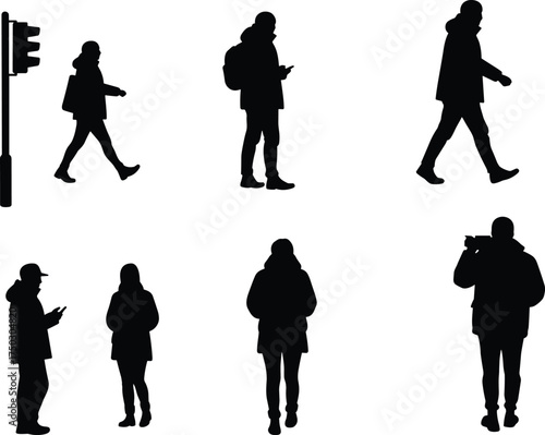 Urban people silhouettes, walking figures, mobile phone users, traffic light icon, photography pose, daily activity design, modern lifestyle, city vector illustration
