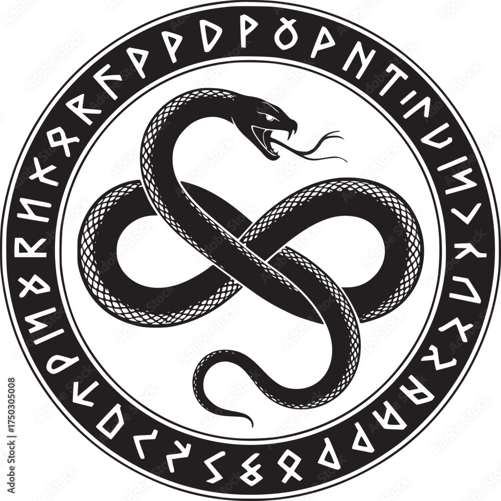Ταπετσαρία Black and white illustration of a snake in a circle with runic symbols around th