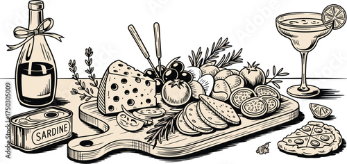 Vintage food illustration, wine bottle, cheese board, charcuterie platter, sardine tin, cocktail glass, tomato, herbs, bread, artistic gourmet composition drawing