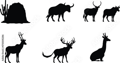 Wild animal silhouettes, buffalo, antelope, deer, wildlife vector, forest nature, exotic fauna, biodiversity, animal illustration, natural habitat, silhouette design