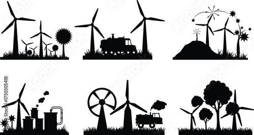 Wind energy silhouettes, renewable power icons, eco friendly design, sustainable environment illustration, green technology concept, clean electricity production, nature harmony landscape