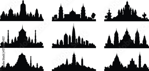 World architecture silhouette icons, cultural landmarks, domes and spires, pagoda towers, historical monuments, global heritage, traditional buildings illustration