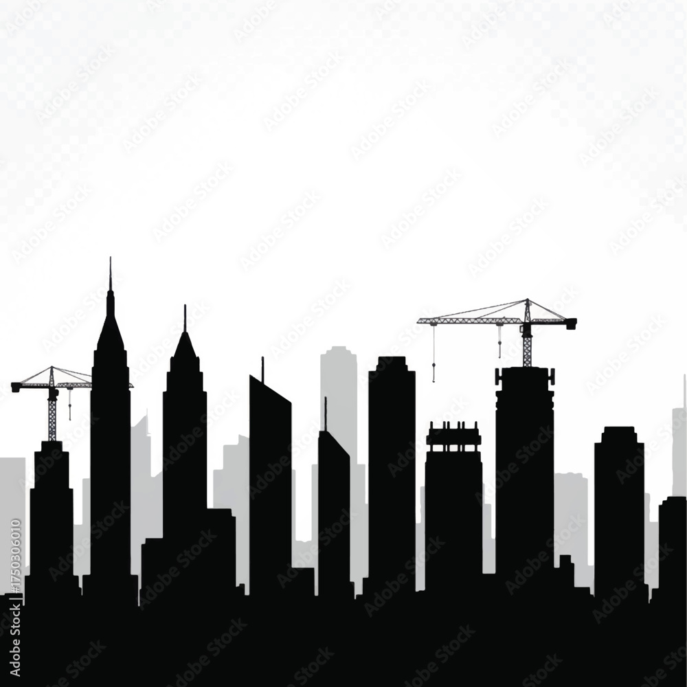 Fototapeta premium City skyline silhouette with construction cranes urban development.