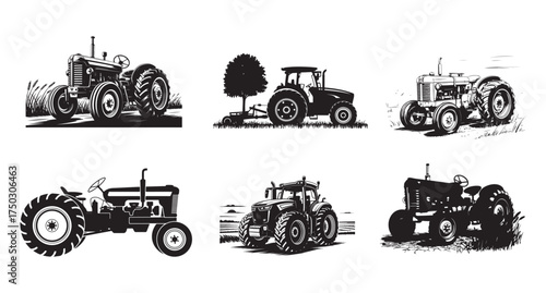 Minimalist Farm Tractor Illustrations – Vintage and Modern Black and White Designs.
