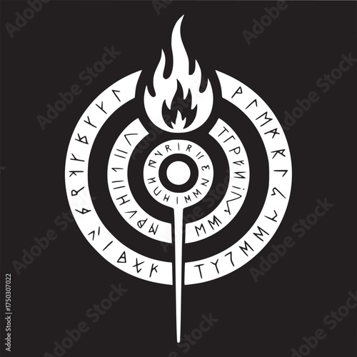 White symbol with fire and runes on black background in circular design and vertical line below