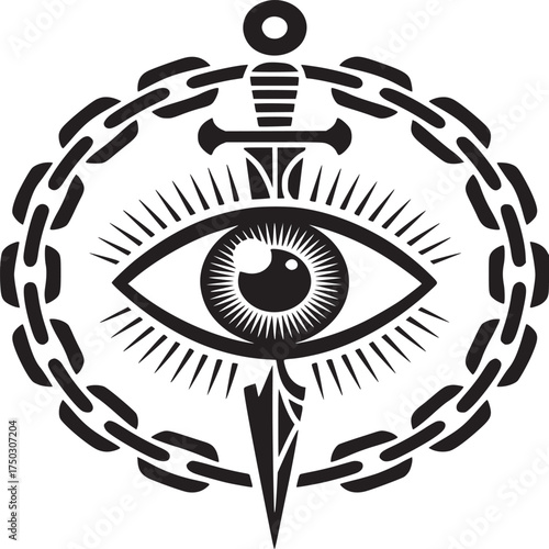 A black and white illustration of an eye with a sword through it surrounded by a chain design art