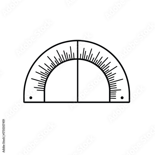 Black line art of protractor with degree markings on background
