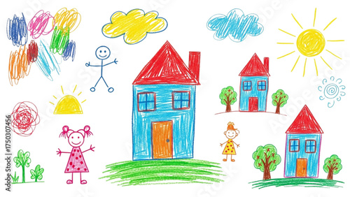 Childhood Canvas: A vibrant and cheerful drawing, evoking a sense of innocence and the boundless imagination of a child. With simple yet captivating strokes, the drawing depicts houses, stick figures.