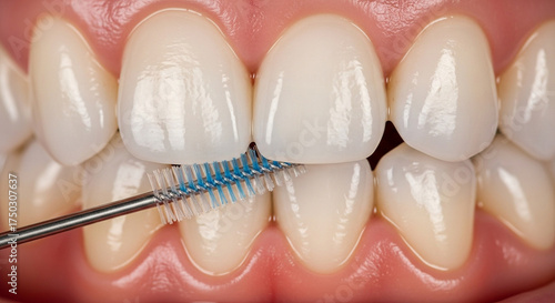 Closeup view persons teeth being cleaned with blue interdental brush, highlighting oral hygiene and dental care
