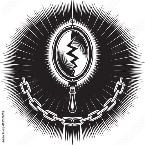 A graphic illustration of a broken hand mirror with chain and burst in black and white design style