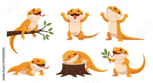 Adorable collection of happy and playful bearded dragons in various cute poses.