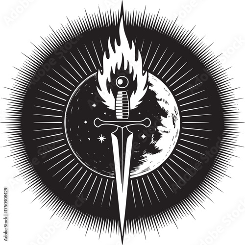 A sword piercing a moon with flames and stars in a black and white graphic design illustration